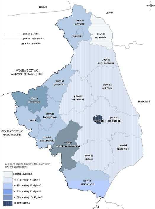 Ryc. 10. Wskaźnik nagromadzenia wyrobów zawierających azbest w układzie powiatowym (Mg/km 2 ).