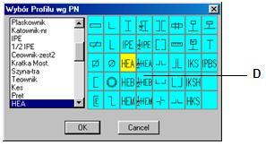 BeStCAD - Moduł STAL 2 Rys. 2. Okno dialogowe Wybór Profilu Po zaakceptowaniu wyboru profilu ustal jego wymiar, wybierając z listy (E) 320. W wycinku dodatki włącz opcję Osie Własne (F).