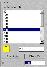 BeStCAD - Moduł STAL 3 Profil Norma i Stal Rysowanie widoków Rysowanie widoków ELE. U góry okna znajduje się kartoteka, w której wyświetla się lista wymiarów dla wybranego typu profilu.
