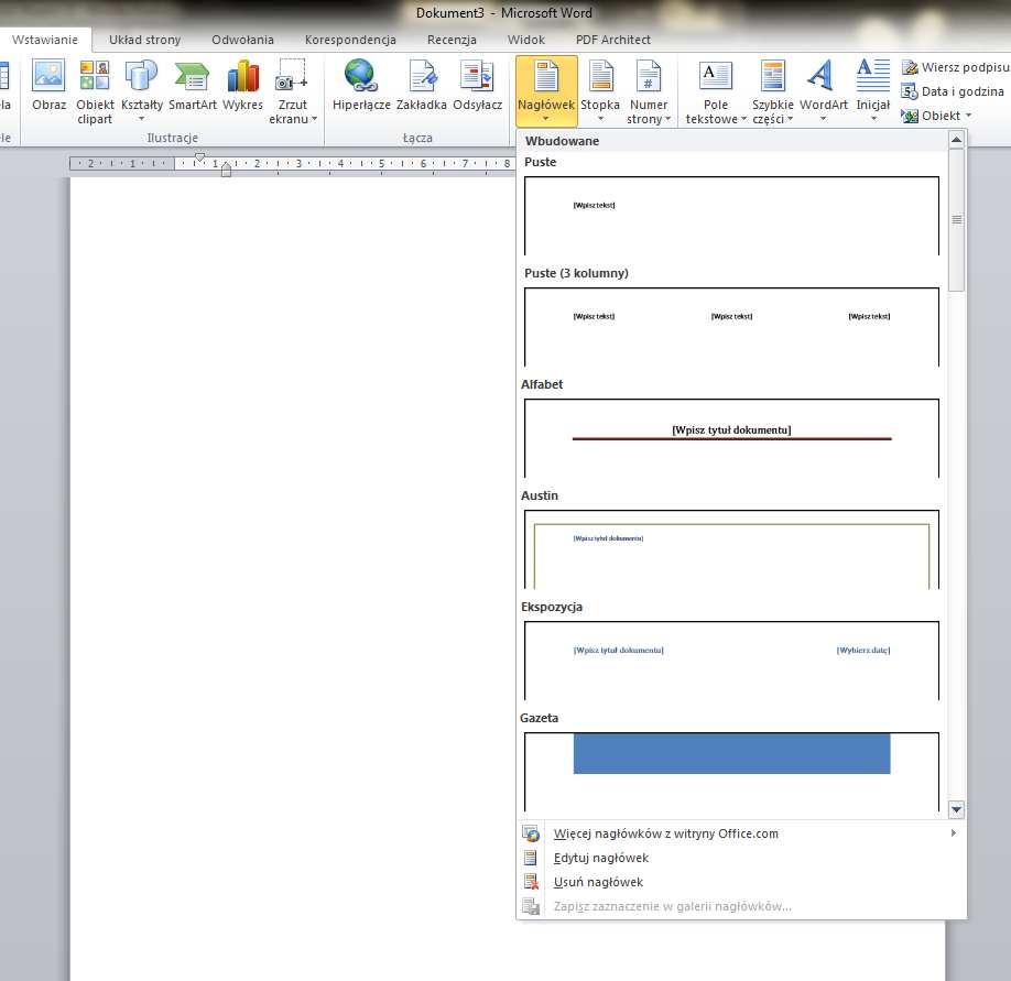 Nagłówki i stopki Wstawienia nagłówka i stopki dokonujemy wchodząc wstążka =>