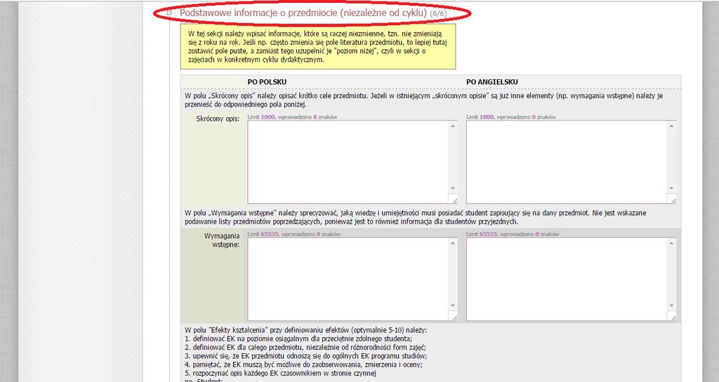 Krok 4 Podstawowe informacje o przedmiocie to zakładka, w której umieszczamy informacje, które NIE ZMIENIAJA się w każdym cyklu przedmiotu.
