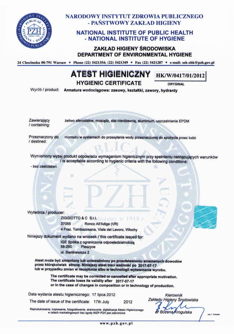 IGE Sp. z o.o. 58 Pieszyce ul. Sienkiewicza tel.: 74 8 65 70 fax: 74 8 65 07 fax: 74 8 66 9 email: ige@eta.pl www.ige.net.pl Sp. z o.o. ATEST HIGIENICZNY ATEST HIGIENICZNY IGE Sp.