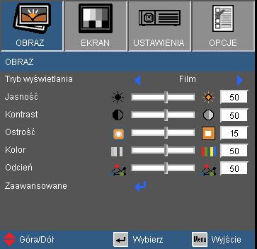 Elementy sterowania użytkownika OBRAZ Tryb wyświetlania Dostępnych jest wiele wstępnych ustawień fabrycznych, zoptymalizowanych dla różnych typów obrazów.