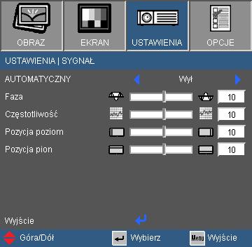 Elementy sterowania użytkownika USTAWIENIA Sygnał (RGB) Opcja Sygnał jest obsługiwanawyłącznie dla analogowego sygnału VGA (RGB). AUTOMATYCZNY Automatycznie wybiera sygnał.