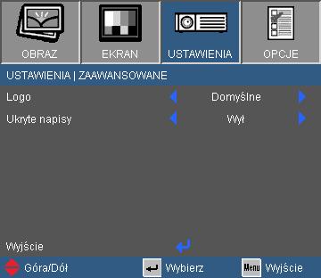 Elementy sterowania użytkownika USTAWIENIA Zaawansowane Logo Użyj tej funkcji do ustawienia wymaganego ekranu startowego.
