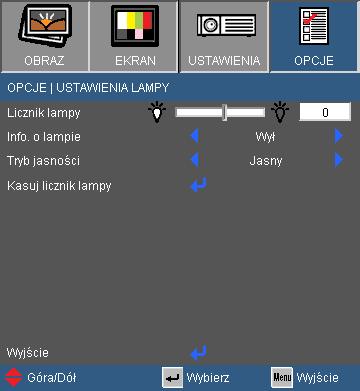 Elementy sterowania użytkownika OPCJE Ustawienia lampy Licznik lampy Wyświetla czas projekcji. Info.