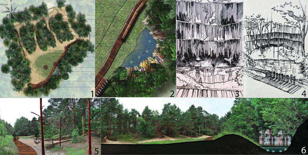 10. Źródła jako element krajobrazu perspektywa architektury krajobrazu Ryc. 10.5. Fragment koncepcji zagospodarowania źródła Warty w Zaborzu ( Zborowska 2012 ) 1. Plan sytuacyjny całości, 2.