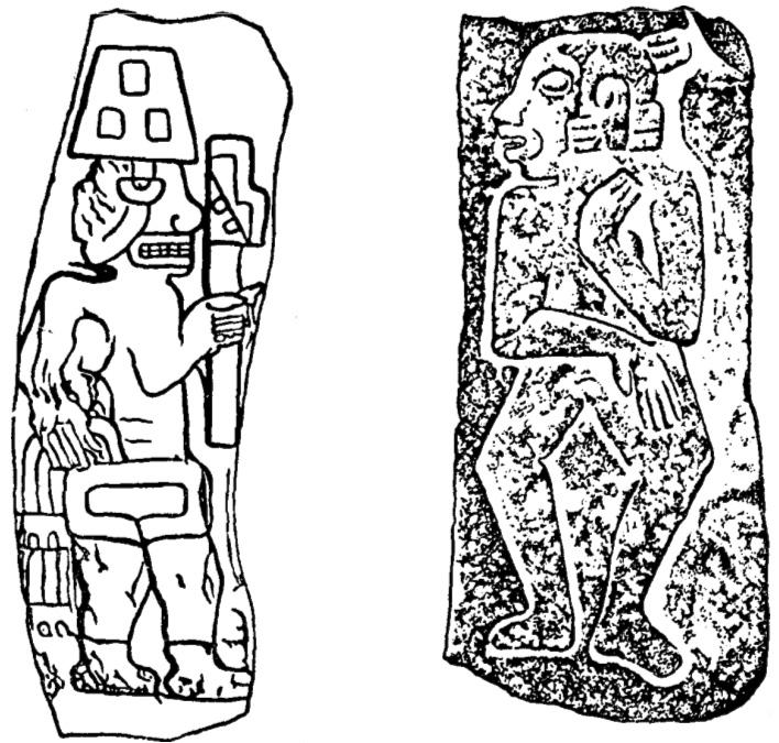 Rys. 46-47. Na lewo Chavin, północne Peru (według Tello), na prawo Monte Alban, południowy Meksyk (płaskorzeźby tzw. tancerze ) Rys. 48. Hopewell, wschód Stanów Zjednoczonych (wg Ch. C. Willoughby,,The Turner Group of Earthworks, Papers of the Peabody Museum, Harvard University, t.