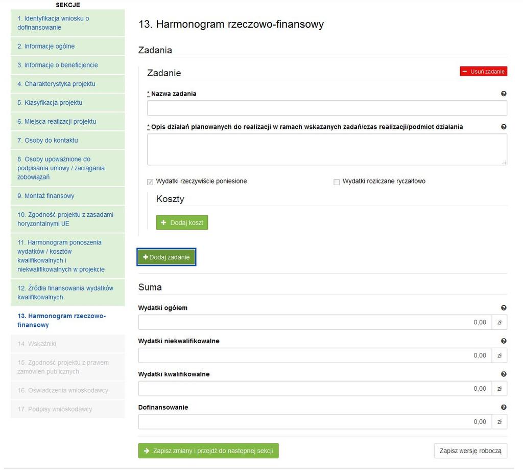 3.13. Harmonogram rzeczowo-finansowy Zakres rzeczowy SEKCJA 13.