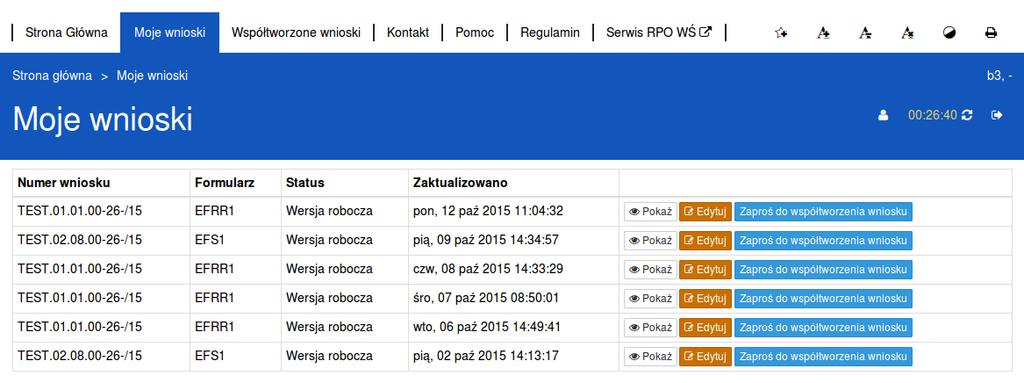 4.1. Zaproszenie innego Beneficjenta do współtworzenia wniosku Aby zaprosić innego Beneficjenta do współtworzenia wniosku, należy kliknąć na przycisk : Widoczny w zakładce Moje wnioski Automatycznie