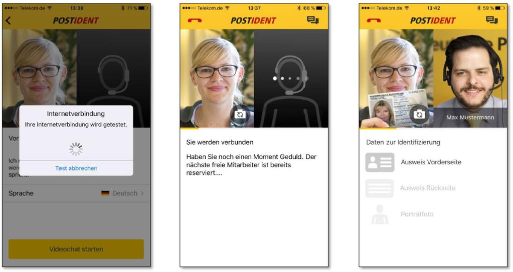 APLIKACJA DEUTSCHE POST REALIZACJA I POTWIERDZENIE Przeprowadzony zostanie test połączenia. Następuje przeniesienie do wideoczatu.