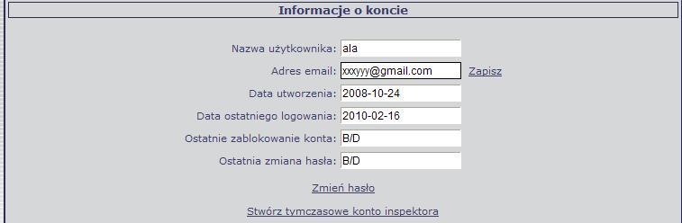 Rysunek 37. Zmiana adresu email Wybranie przycisku Zmień hasło przenosi użytkownika do strony zmiany hasła (Rysunek 38).