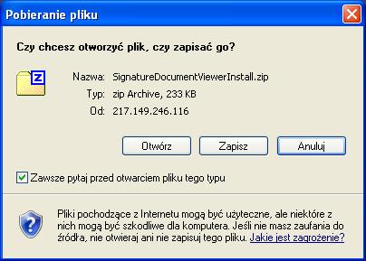 5.2.1 Pobranie przeglądarki podpisów W celu pobrania należy kliknąć na napis znajdujący się na poziomym pasku na dole strony: Kliknij tutaj, aby pobrać przeglądarkę podpisów.