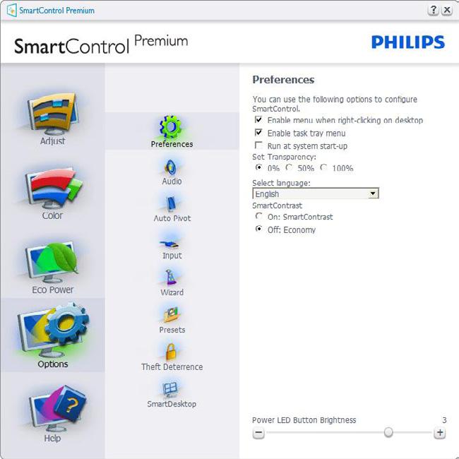 Options (Opcje). Dla monitorów bez obsługi DDC/ CI dostępne są wyłącznie zakładki Help (Pomoc) i Options (Opcje). Wyświetlanie bieżących ustawień preferencji.