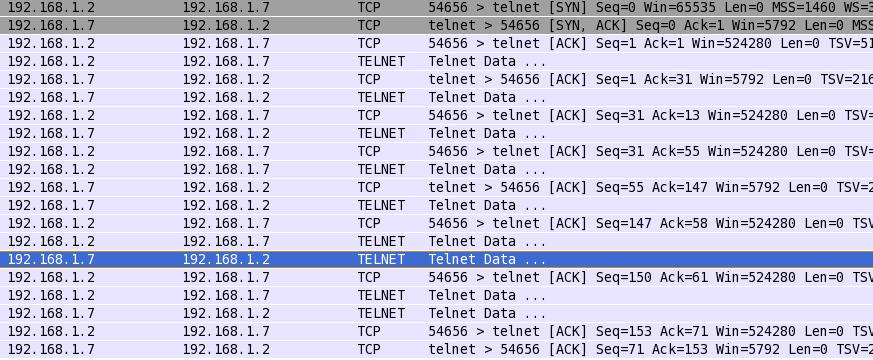 Poniżej, podobnie jak to było w przypadku FTP wstawiam screen z logowania za pomocą konsoli do zdalnej maszyny: No I jak zwykle pełno pakietów do analizy: Pierwsze pakiety TCP proces