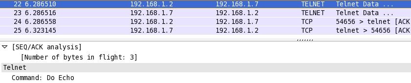 Tym razem telnet pracuje na porcie 23, nie na 21 tak jak to było w przypadku FTP. Też jest to standardowy port dla tego protokołu, z tego też względu właśnie tam poszedł pierwszy pakiet.