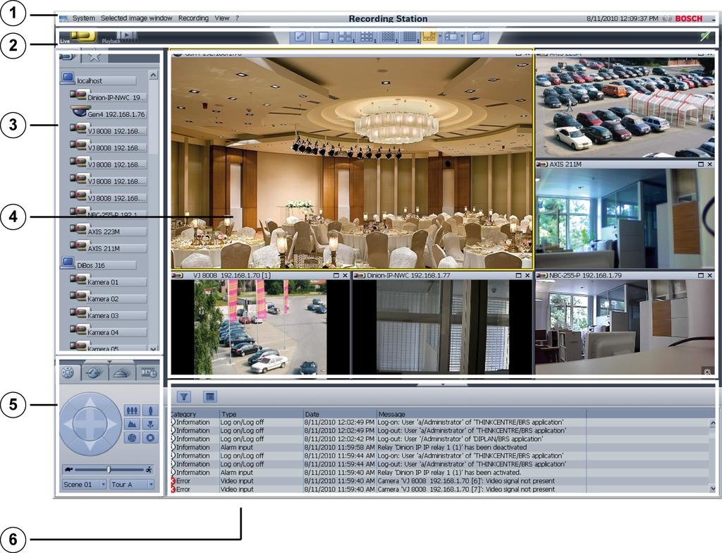 6 pl Interfejs użytkownika 2 Bosch Recording Station Interfejs użytkownika Po restarcie systemu oraz każdym logowaniu następuje automatyczne przejście do trybu na żywo. Istnieje tutaj m.in. możliwość obejrzenia na żywo obrazów z wybranej kamery.