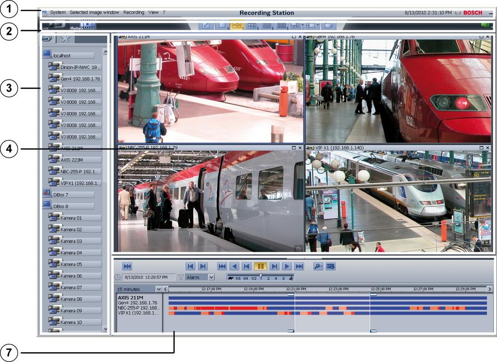 Bosch Recording Station Interfejs użytkownika pl 7 Tryb odtwarzania 1 Pasek menu z bieżącą datą i godziną (patrz Punkt 2.1 Pasek menu (tryb na żywo)) 2 Pasek wyświetlania (patrz Punkt 2.