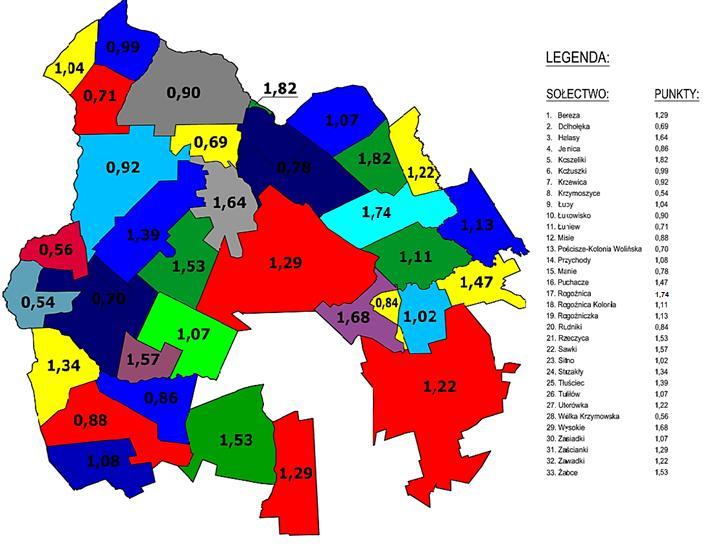 Mapa 2 Suma punktów uzyskanych w efekcie analizy wskaźnikowej wg podziału