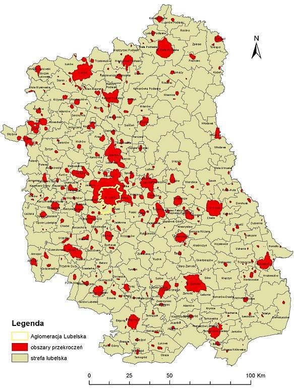 Mapa 5 Obszary przekroczeń benzo/a/pirenu w województwie lubelskim w 2015 r.