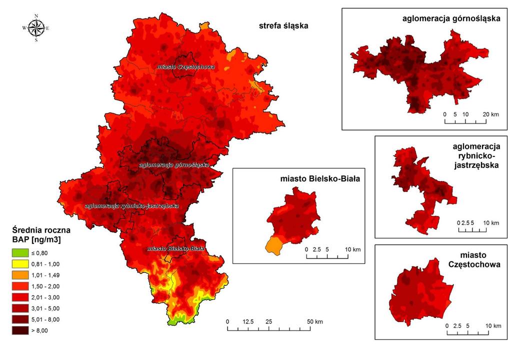 Obszary przekroczeń średnich stężeń rocznych benzo(a)pirenu, wyznaczone w oparciu o Wyniki modelowania stężeń PM10, PM2,5, SO2, NO2, B(a)P na potrzeby rocznej oceny jakości powietrza