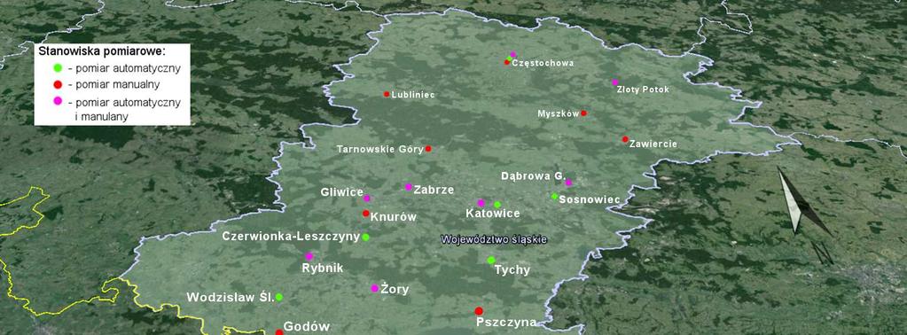 ROZMIESZCZENIE STANOWISK POMIAROWYCH JAKOŚCI POWIETRZA W WOJEWÓDZTWIE SLĄSKIM pył zawieszony PM10 i PM2,5,