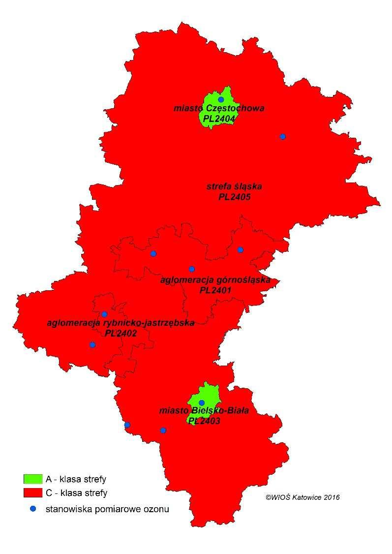 OCENA JAKOŚCI POWIETRZA W 2015 ROKU WG KRYTERIUM OCHRONA ZDROWIA DLA OZONU dopuszczalna częstość przekraczania 25 dni: KLASA C poziom celu długoterminowego -