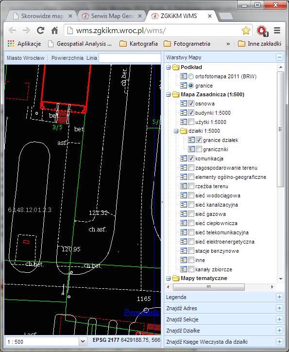 Zarąd Geodeji Kartografii i Katastru Miejskiego ZGKiKM we Wrocławiu udostępnia w układie PL- na obsare miasta Wrocławia mapę asadnicą w skalach :5, :, : i :5 w postaci wektorowej warstwowej ba danch