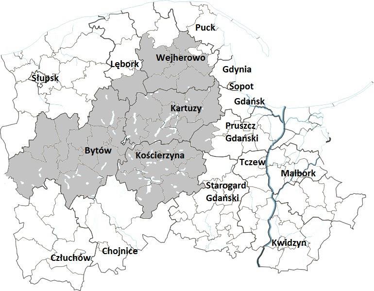 System ochrony produktów regionalnych i tradycyjnych na przykładzie truskawki kaszubskiej 43 Rysunek 1. Obszar produkcji Truskawki Kaszubskiej na Pojezierzu Kaszubskim Figure 1.