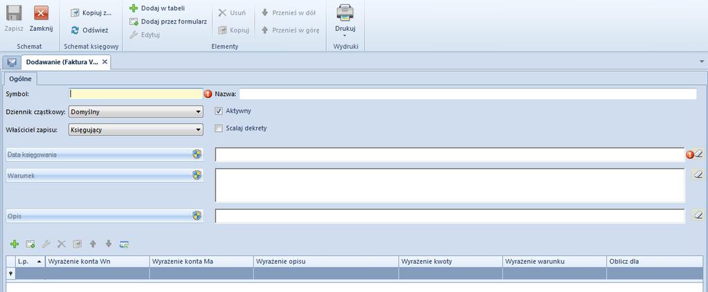 Rys. 91 Formularz danych schematu księgowego Pola obligatoryjne: Symbol pole pozwalające na wprowadzenie symbolu schematu księgowego, służącego do łatwej i szybkiej identyfikacji Dziennik cząstkowy