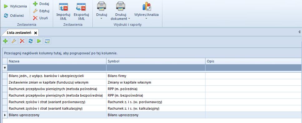 13. Zestawienia księgowe Zestawienia księgowe są jednym z narzędzi oceny kondycji finansowej firmy oraz analizy danych wprowadzonych do systemu. Stanowią tzw.