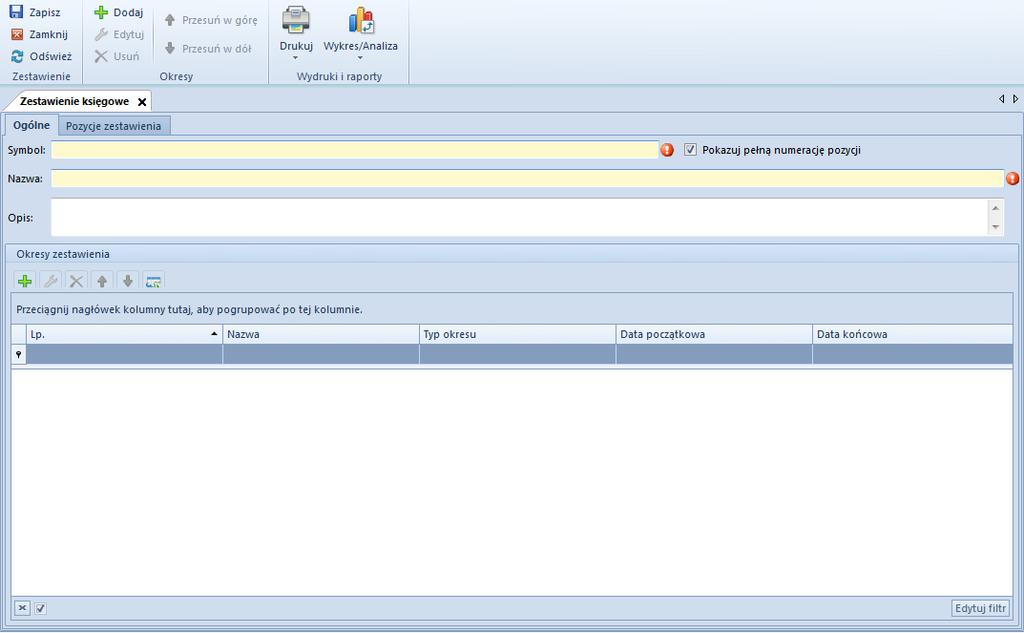 Rys. 105 Formularz zestawienia księgowego Zakładka Ogólne Pola obligatoryjne: Symbol służy do wprowadzenia unikalnego symbolu zestawienia Nazwa służy do wprowadzenia unikalnej nazwy zestawienia