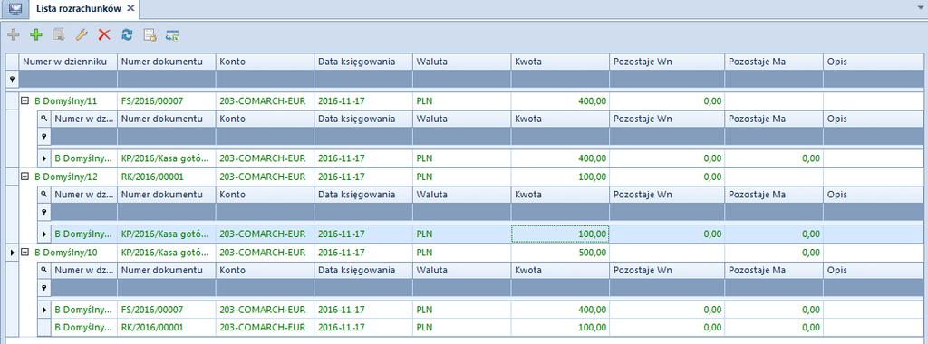 Rys. 131 Lista Rozrachunki dekrety po rozrachowaniu Zgodnie z podstawową zasadą rozrachunków, system dokonał również automatycznego rozliczenia dokumentów źródłowych.