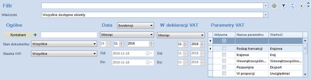 Rys. 145 Filtr na liście faktur VAT Ogólne pozwala filtrować listę ze względu na: Kontrahenta Stan dokumentu - (Wszystkie/Zaksięgowane/Niezaksięgowane).