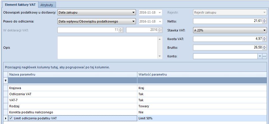 Rys. 162 Parametr Limit odliczenia podatku VAT na elemencie faktury VAT zakupu Uwaga: Parametr Limit odliczenia podatku VAT może zostać zaznaczony wyłącznie wtedy, gdy kwota VAT danego elementu