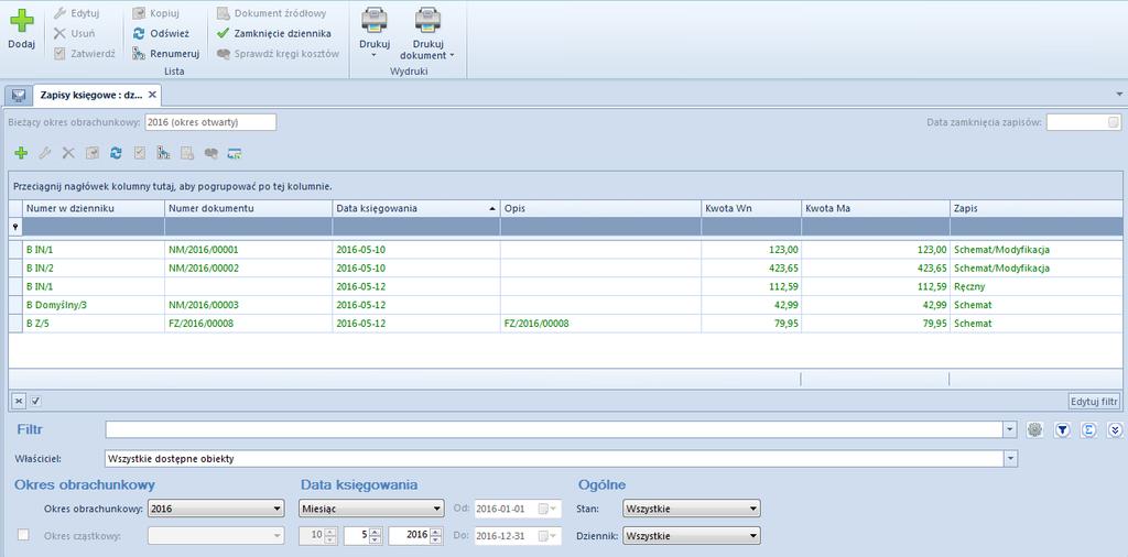 Filtrowanie na liście zapisów księgowych w dzienniku Rys.