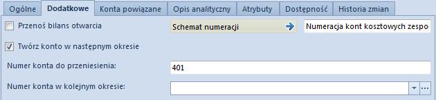 Rys. 39 Schemat numeracji na formularzu konta księgowego Uwaga: Schemat numeracji przypisany do konta syntetycznego zostaje automatycznie przypisany do jego kont analitycznych.