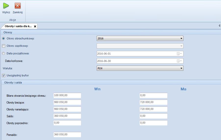 Rys. 41 Okno zestawienia obrotów i sald dla wybranego konta Wyliczenia można przeprowadzić dla wybranego okresu obrachunkowego, okresu cząstkowego, konkretnego zakresu czasowego oraz uwzględnić