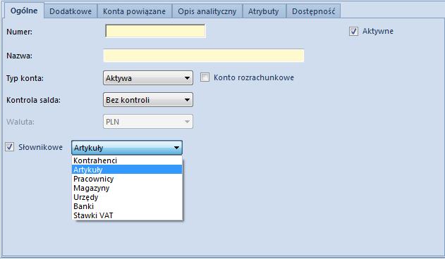 Parametr Słownikowe po wybraniu opcji możliwe jest określenie, czy do konta przypisany zostanie słownik artykułów, pracowników, kontrahentów, magazynów, urzędów, banków lub stawek VAT.