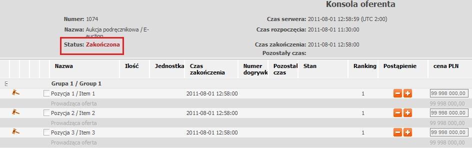 12. Zakończenie aukcji Po zakończeniu aukcji na Konsoli Oferenta zostanie wyświetlony status Zakończona, a pola do wpisywania oferty oraz przycisk Złóż ofertę staną się nieaktywne i nie będzie