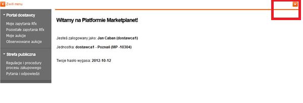 4.2 Nagłówek W części nagłówkowej znajduje się graficzne logo Marketplanet, po kliknięciu którego, dostajemy się na stronę startową systemu zawierającą podstawowe informacje o koncie użytkownika oraz