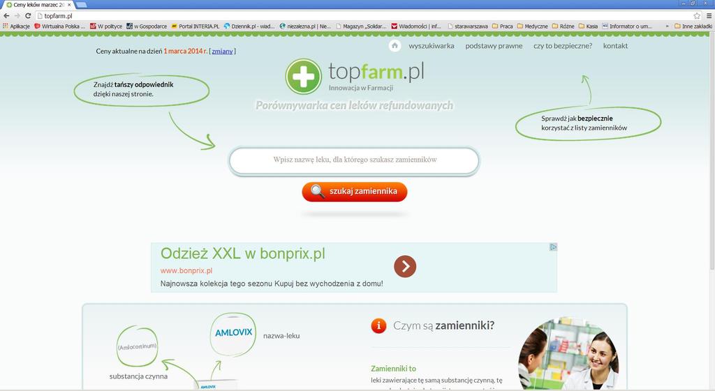 2. Internetowe przeglądarki leków 2.3 Informator TOPFARM www.topfarm.pl Po wpisaniu adresu, pojawia się strona z dużym polem edycyjnym, w którym wpisujemy nazwę handlową leku.