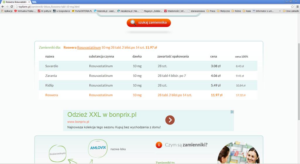 2. Internetowe przeglądarki leków 2.3 Informator TOPFARM W wyniku otrzymujemy listę odpowiedników ułożonych według ceny oznaczającej odpłatność pacjenta.