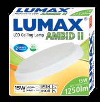 LUMAX Ambid II Plafoniery LED 30 000 h >20 000 15 kwh/1000h LO1551 15W 15W 150W IP 54 44W IK 08 1250 15W LED lamp 100-240V 4000 F LO2451 24W 24W 270W IP 54 72W IK 08 2050 24W LED lamp 100-240V 4000 F