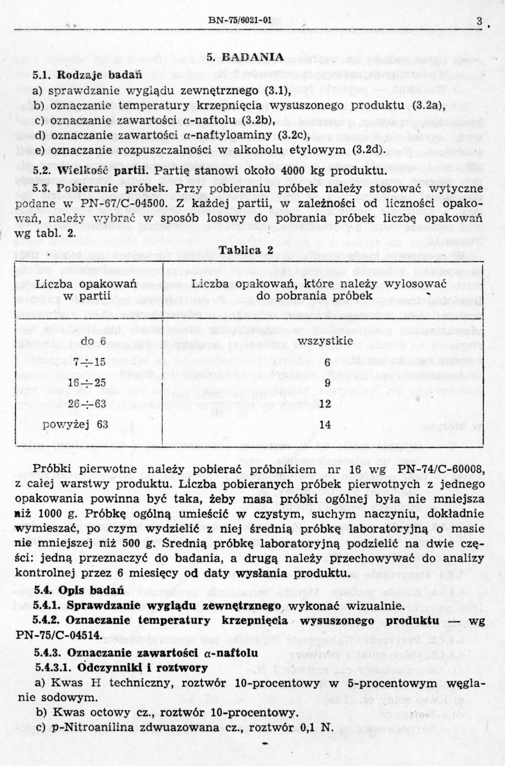 BN-75/6021-01 3 5. BADANA 5.1. Rodzaje badal a) sprawdzanie wyglądu zewnętrznego (3.1), b) oznaczanie temperatury krze p nięcia wysuszonego produktu (3.2a), c) oznaczanie zawartoś ci a-naftolu (3.