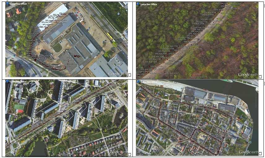 Rys. 8. Typy zabudowy powodujące utratę sygnałów GNSS skutkujących brakiem rozwiązania fazowego GPS/Glonass. Oprogramowanie: Google Earth wraz z Leica Geo Office.