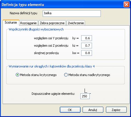 2.4 PARAMETRY TYPU ELEMENTU W oknie dialogowym Wymiarowanie stali wybieramy z listy Typ elementu i przypisujemy je do wymiarowanego pręta.