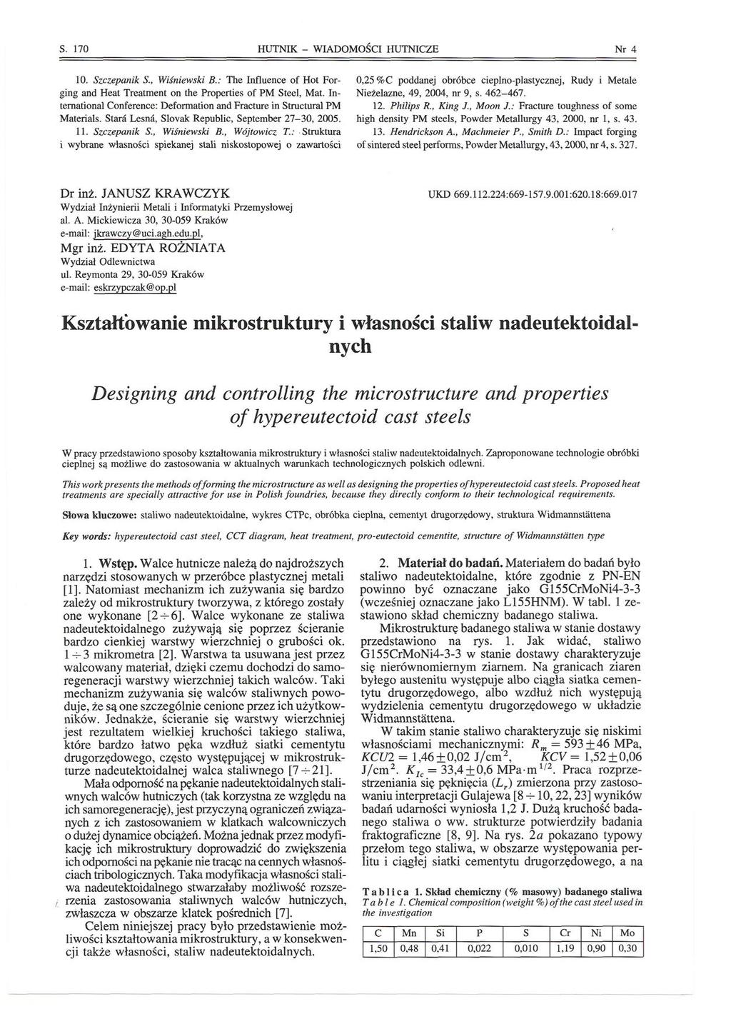 S. 170 HUTNIK - WIADOMOŚCI HUTNICZE Nr 4 10. Szczepanik S., Wiśniewski B.: The Influence of Hot Forging and Heat Treatment on the Properties of PM Steel, Mat.