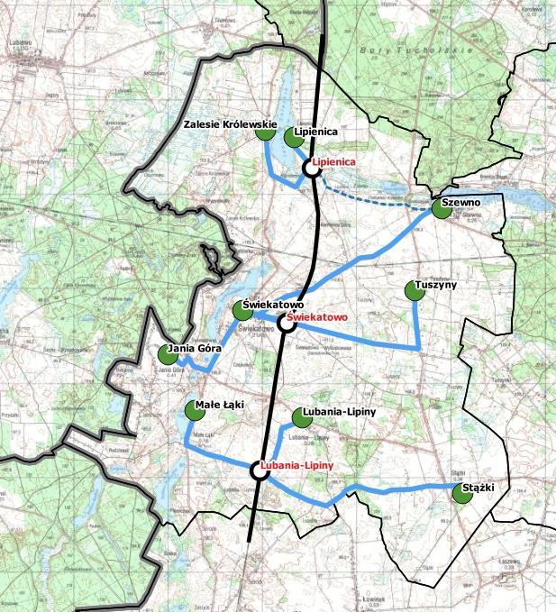 Na załączniku graficznym wskazano położenie przystanków na linii kolejowej nr 201 zapewniajaej ruch pasażerski do Bydgoszczy oraz położenie zwyczajowo postrzeganych centralnych punktów miejscowości