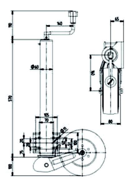 001 Ko³o Podporowe ATK60 (wyd³u ony wysuw, konsola z 4 otworami) Rozmiar:... O225x65mm D³ugoœæ wysuwu:... 235+335mm Rura zewnêtrzna:.